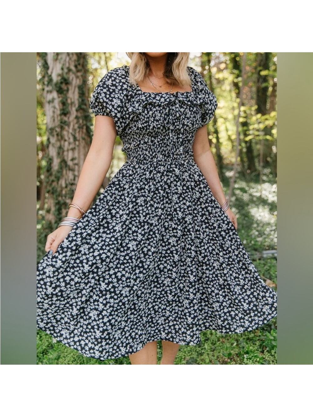Ivy City Co Rae Dress Black Daisy Square Neckline Puff Sleeves Knee Length XS